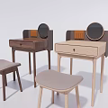Two Wooden Dressing Tables With Round Mirrors And Upholstered Stools 3d model