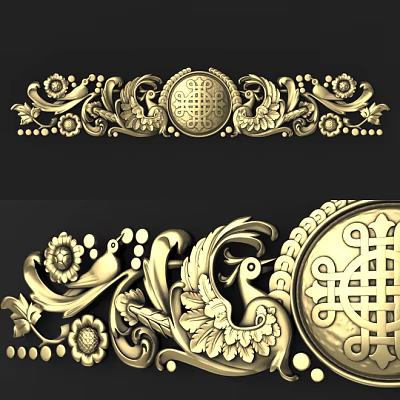 Ornate Golden Carved Decorative Patterns With Phoenix Floral And Circular Motifs 3d model