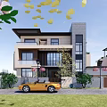 Modern Townhouse Exterior With Large Windows Balconies Green Front Lawn And Yellow Car