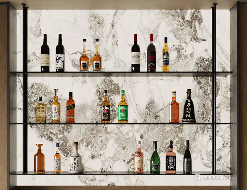 Wine Cabinet With Black Metal Frame Multiple Shelves And Various Wine Bottles On Marble Background 3d model 