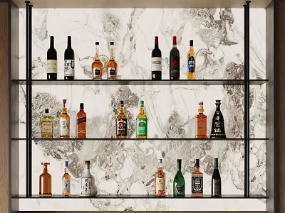 Wine Cabinet With Black Metal Frame Multiple Shelves And Various Wine Bottles On Marble Background 3d model