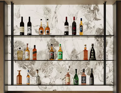 Wine Cabinet With Black Metal Frame Multiple Shelves And Various Wine Bottles On Marble Background 3d model