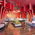 Traditional Cultural Center Interior With Wooden Floors Wall Decorations And Chinese Inscriptions