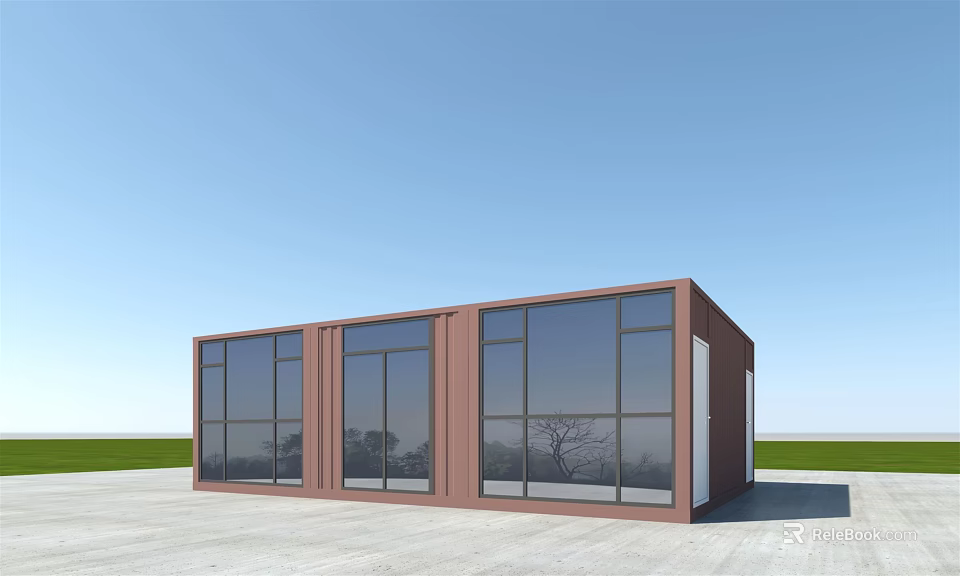 Modern Brown Container Building With Large Glass Windows And Open Ground 3d model
