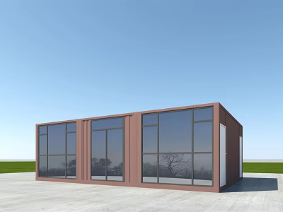 Modern Brown Container Building With Large Glass Windows And Open Ground 3d model
