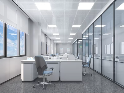 Spacious Modern Laboratory Interior With Long Tables Glass Partitions Windows And Chairs 3d model