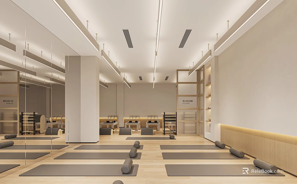 Spacious Yoga Studio Interior With Yoga Mats Mirrors Wooden Floors And Storage Cabinets 3d model 
