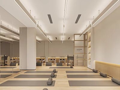Spacious Yoga Studio Interior With Yoga Mats Mirrors Wooden Floors And Storage Cabinets 3d model