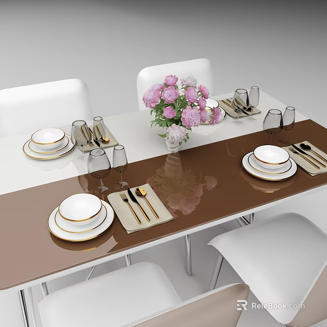 Modern Dining Table Set With Brown Tabletop White Chairs Pink Flowers Tableware And Wine Glasses 3d model 