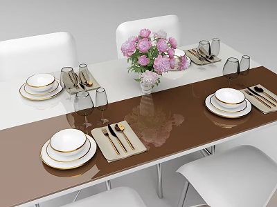 Modern Dining Table Set With Brown Tabletop White Chairs Pink Flowers Tableware And Wine Glasses 3d model