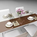 Modern Dining Table Set With Brown Tabletop White Chairs Pink Flowers Tableware And Wine Glasses