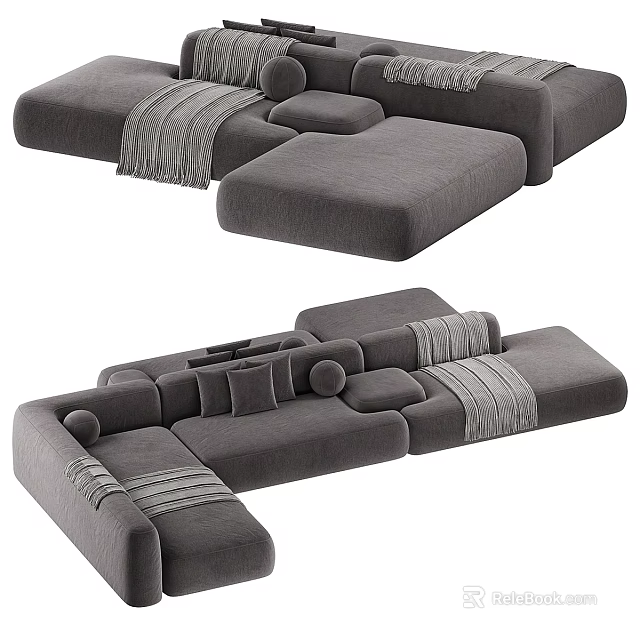 Gray Modular Sectional Sofa with Soft Cushions Cozy Throw Blanket Modern Minimalist Design 3d model 