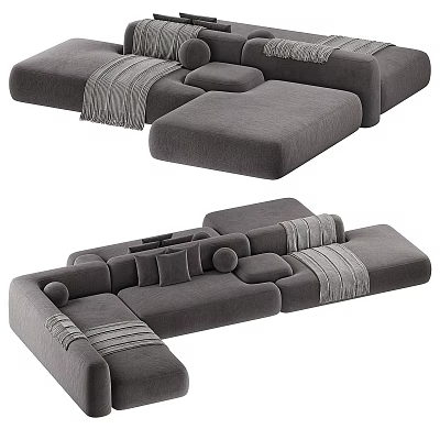 Gray Modular Sectional Sofa with Soft Cushions Cozy Throw Blanket Modern Minimalist Design 3d model