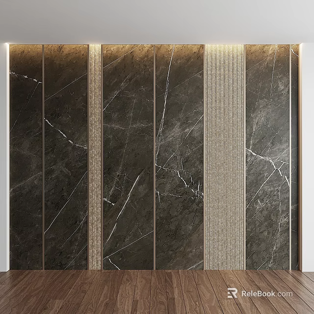 Modern Luxurious Wall Decor With Marble Texture Vertical Strips And Warm Lighting 3d model