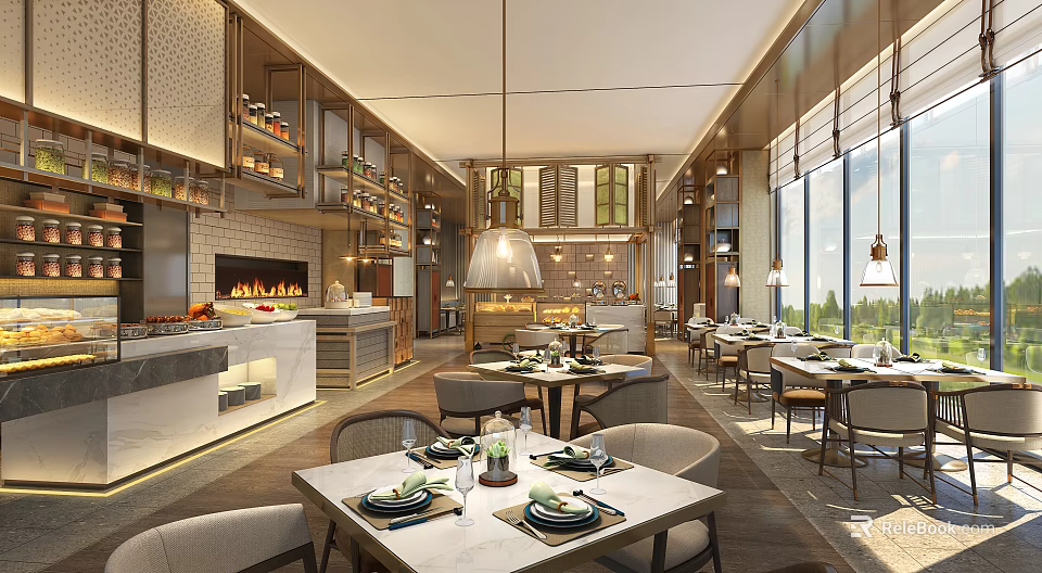 Elegant Modern Restaurant Interior With Open Layout Dining Tables Chairs Pendant Lights And Fireplace 3d model 