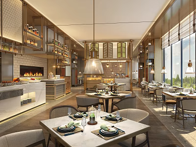 Elegant Modern Restaurant Interior With Open Layout Dining Tables Chairs Pendant Lights And Fireplace 3d model