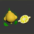 3D Rendered Whole Lemon with Green Vines Leaves and Sliced Half Showing Pulp