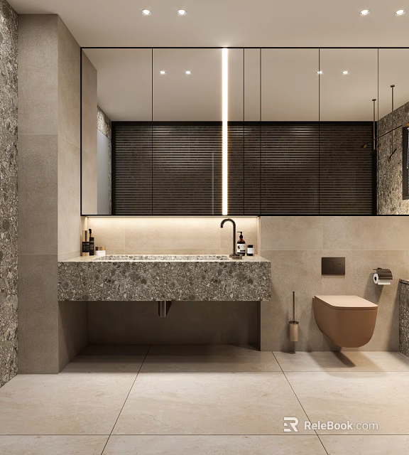 Modern Bathroom Interior With Stone Sink Vanity Large Mirror Soft Lighting And Toilet 3d model 