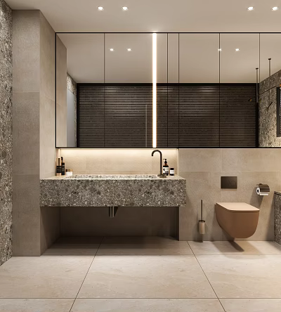 Modern Bathroom Interior With Stone Sink Vanity Large Mirror Soft Lighting And Toilet 3d model