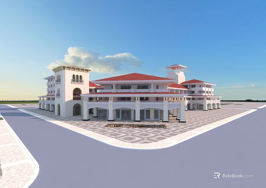 Modern Commercial Street Featuring White Buildings Red Roofs Multi Story Arched Porticos And Spacious Plaza 3d model 