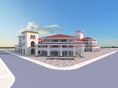 Modern Commercial Street Featuring White Buildings Red Roofs Multi Story Arched Porticos And Spacious Plaza 3d model