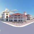 Modern Commercial Street Featuring White Buildings Red Roofs Multi Story Arched Porticos And Spacious Plaza