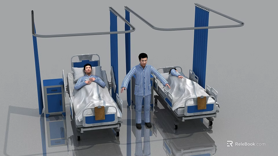 3D Rendering of Hospital Room With Two Beds And Standing Patient In Striped Pajamas 3d model 