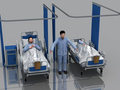 3D Rendering of Hospital Room With Two Beds And Standing Patient In Striped Pajamas 3d model