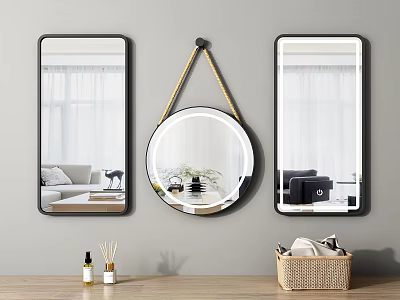 Bathroom Mirrors Wall Mounted Rectangular And Round With Toiletries Wicker Basket On Wooden Countertop 3d model