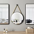 Bathroom Mirrors Wall Mounted Rectangular And Round With Toiletries Wicker Basket On Wooden Countertop