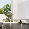 Courtyard Garden Featuring Circular Wooden Deck Fire Pit Green Trees White Walls And Lighting