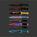 Colorful Neon Bladed Knives With Black Handles Arranged In A Row