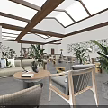Elegant Chinese Living Room Interior With Wooden Ceiling Sofa Greenery And Decorative Paintings