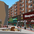 Vibrant Commercial Street With Shops Pedestrians Fountains And Cherry Blossom Trees