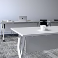Modern White Conference Table With Wheels Laptop Coffee Cups Notebook And Gray Chairs