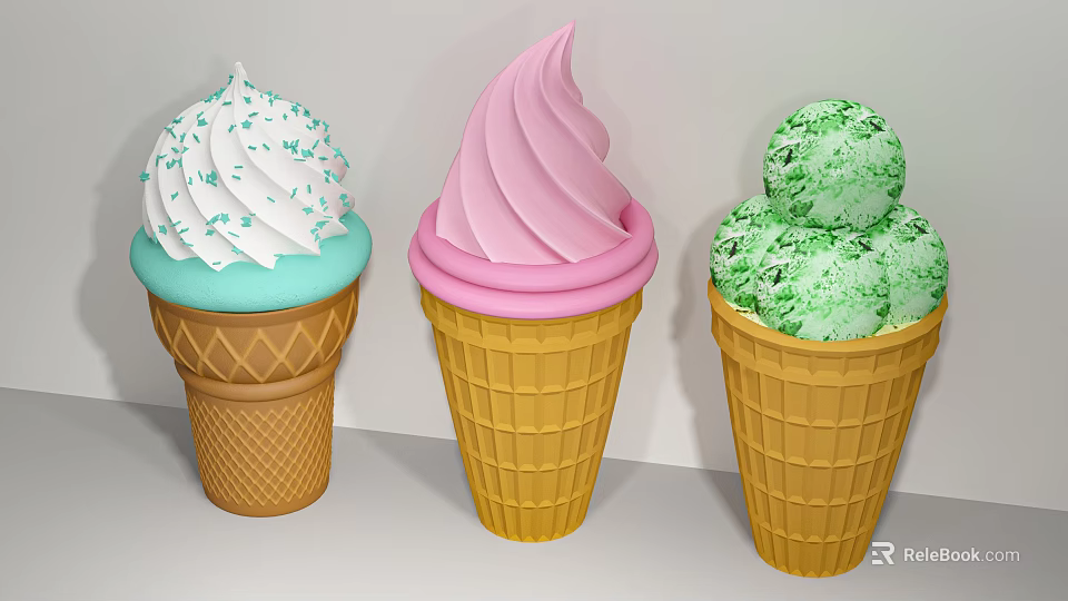 Colorful Ice Cream Cones With Swirled Pink White And Green Scoops In Waffle Cones 3d model 