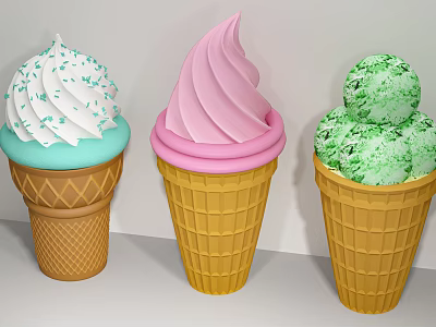 Colorful Ice Cream Cones With Swirled Pink White And Green Scoops In Waffle Cones 3d model