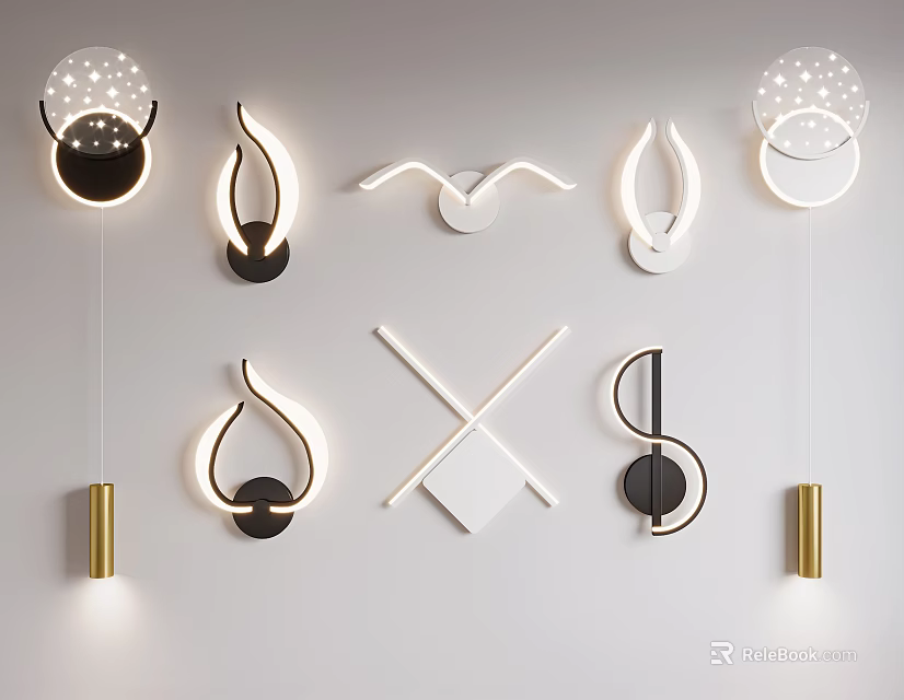 Modern Wall Lamps With Curved Circular Linear And Geometric Designs In Black White And Golden 3d model 