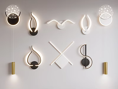 Modern Wall Lamps With Curved Circular Linear And Geometric Designs In Black White And Golden 3d model