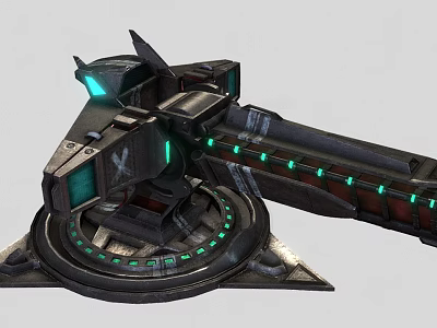 Futuristic Mechanical Weapon With Green Glowing Elements And Circular Base Structure Design 3d model