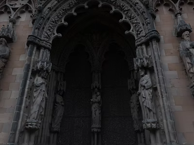Garden Landscape With Gothic Architectural Entrance And Carved Stone Statues 3d model