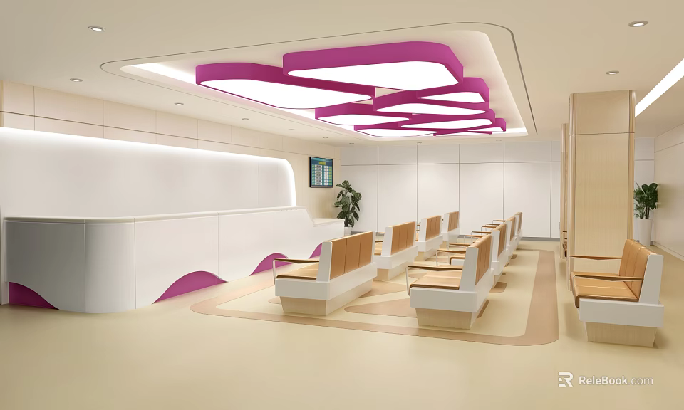 Hospital Outpatient Clinic Interior With Reception Desk Seating And Modern Ceiling Design 3d model 