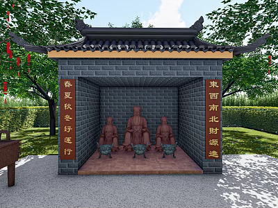 Ancient Chinese Building with Curved Roof Brick Structure Stone Statues Red Couplets and Green Trees 3d model