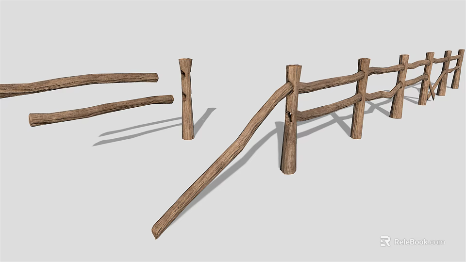 Rustic Wooden Fence Structure With Natural Log Posts And Horizontal Rails 3d model 