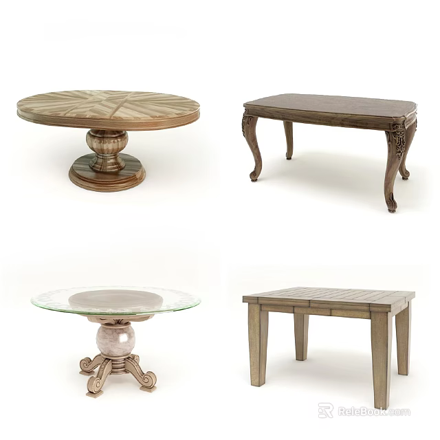 Rustic And Modern Dining Tables With Wooden Glass Top Pedestal And Carved Legs 3d model 