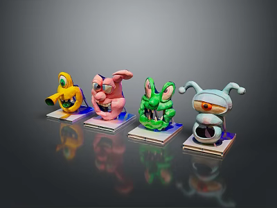 Four Colorful Cartoon Animal Figurines in Different Hues on White Bases with Dark Reflective Backdrop 3d model