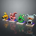 Four Colorful Cartoon Animal Figurines in Different Hues on White Bases with Dark Reflective Backdrop