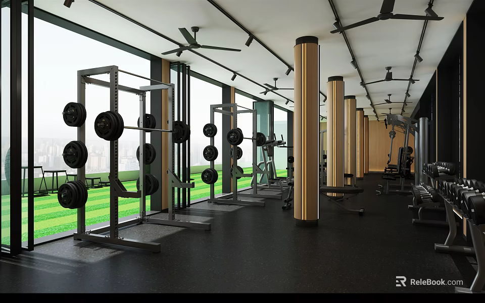 Modern Fitness Gym With Barbell Racks Large Windows Green Lawn View And Workout Equipment 3d model 