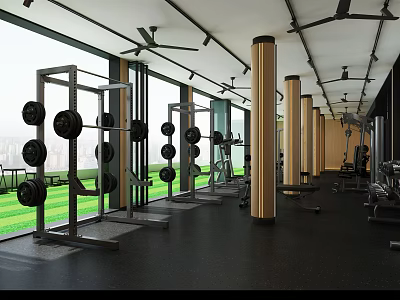 Modern Fitness Gym With Barbell Racks Large Windows Green Lawn View And Workout Equipment 3d model