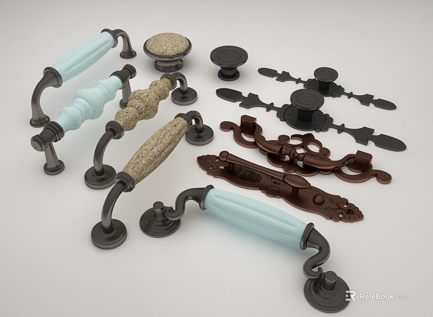 Various Stylish Cabinet Handles With Ceramic Grips And Metal Bases In Different Designs 3d model 
